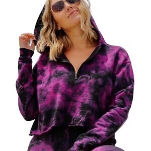Oli Viv Corey Purple Black Tie Dye Half Zip Hooded Crop Sweatshirt XS NWT Raw